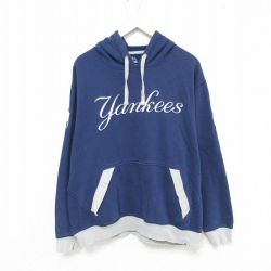 【50%OFF】XL★古着 マジェスティック 長袖 スウェット パーカー メンズ MLB ニューヨークヤンキース 刺繍 紺 ネイビー メジャーリーグ ベースボール 野球 25may20 中古 スエット トレーナー トップス