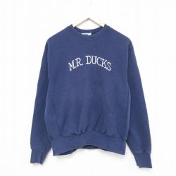【50%OFF】L★古着 リー Lee 長袖 スウェット メンズ 90年代 90s M.R.DUCKS 刺繍 クルーネック USA製 紺 ネイビー 25may20 中古 スエット トレーナー トップス