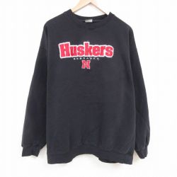 【50%OFF】XL★古着 長袖 スウェット メンズ ネブラスカハスカーズ 大きいサイズ クルーネック 黒 ブラック 25may23 中古 スエット トレーナー トップス