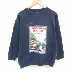 【50%OFF】L★古着 長袖 スウェット メンズ TRANS CANADA 電車 クルーネック 濃グレー 25may23 中古 スエット トレーナー トップス
