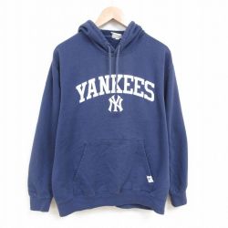 【50%OFF】XL★古着 長袖 スウェット パーカー メンズ MLB ニューヨークヤンキース 大きいサイズ 紺 ネイビー メジャーリーグ ベースボール 野球 25may24 中古 スエット トレーナー トップス