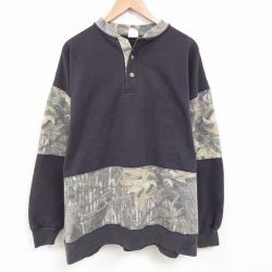 XL★古着 長袖 スウェット メンズ 90年代 90s 大きいサイズ ヘンリーネック USA製 黒他 ブラック 迷彩 25may24 中古 スエット トレーナー トップス