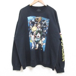 XL★古着 長袖 スウェット メンズ アニメ 僕のヒーローアカデミア 大きいサイズ クルーネック 黒 ブラック 25may29 中古 スエット トレーナー トップス