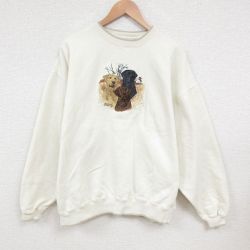 XL★古着 長袖 スウェット メンズ 00年代 00s 犬 刺繍 大きいサイズ クルーネック 薄ベージュ カーキ 25jun04 中古 スエット トレーナー トップス
