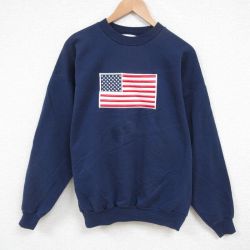 【50%OFF】XL★古着 長袖 スウェット メンズ 00年代 00s 星条旗 クルーネック 紺 ネイビー 25jun04 中古 スエット トレーナー トップス