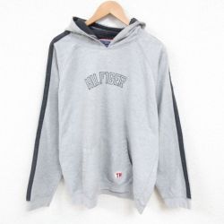【20%OFF】XL★古着 トミーヒルフィガー TOMMY HILFIGER トミージーンズ 長袖 ブランド スウェット パーカー メンズ 90年代 90s ビッグロゴ 大きいサイズ ラグラン グレー 霜降り 25jun03 中古 スエット トレーナー トップス