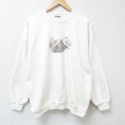 XL★古着 長袖 スウェット メンズ 00年代 00s 鳥 クルーネック 白 ホワイト 25may30 中古 スエット トレーナー トップス
