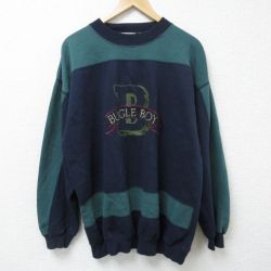 XL★古着 ビューグルボーイ 長袖 スウェット メンズ 90年代 90s ビッグロゴ 刺繍 ツートンカラー クルーネック 紺他 ネイビー 25may30 中古 スエット トレーナー トップス