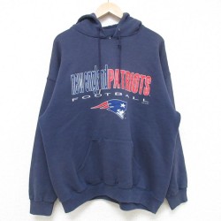 【50%OFF】XL★古着 長袖 スウェット パーカー メンズ 90年代 90s NFL ニューイングランドペイトリオッツ USA製 紺 ネイビー アメフト スーパーボウル 25may31 中古 スエット トレーナー トップス