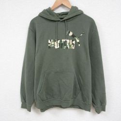 XL★古着 プーマ 長袖 スウェット パーカー メンズ ビッグロゴ 薄緑 グリーン 25jun02 中古 スエット トレーナー トップス
