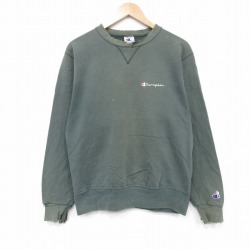 M★古着 チャンピオン champion 長袖 スウェット メンズ 90年代 90s ワンポイントロゴ クルーネック 緑 グリーン 25oct01 中古 スエット トレーナー トップス