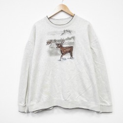XL★古着 長袖 スウェット メンズ シカ 刺繍 大きいサイズ クルーネック 薄グレー 霜降り 25oct02 中古 スエット トレーナー トップス