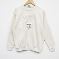 【50%OFF】ゲス 90s 長袖スウェット ビッグロゴ刺繍 生成り ベージュ M | 古着