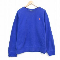 XL★古着 ラルフローレン Ralph Lauren 長袖 ブランド スウェット メンズ 90年代 90s ワンポイントロゴ 大きいサイズ クルーネック 青 ブルー 【spe】 25oct03 中古 スエット トレーナー トップス