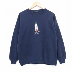 M★古着 長袖 スウェット メンズ 00年代 00s フェザー 刺繍 クルーネック 紺 ネイビー 25oct11 中古 スエット トレーナー トップス