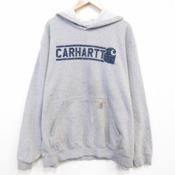 XL★古着 カーハート Carhartt 長袖 スウェット パーカー メンズ ビッグロゴ 大きいサイズ グレー 霜降り 25oct08 中古 スエット トレーナー トップス