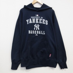 XL★古着 長袖 スウェット パーカー メンズ 00年代 00s MLB ニューヨークヤンキース 大きいサイズ 紺 ネイビー メジャーリーグ ベースボール 野球 25oct08 中古 スエット トレーナー トップス