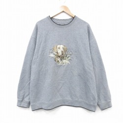 グレー霜降り長袖スウェット 犬刺繍 XL | 古着