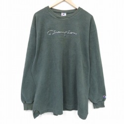 XL★古着 チャンピオン champion 長袖 トップス メンズ 90年代 90s ビッグロゴ 刺繍 裏起毛 大きいサイズ クルーネック 濃緑【spe】 25nov12
