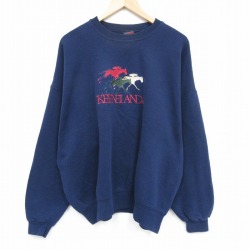 XL★古着 長袖 スウェット メンズ 90年代 90s 競馬  刺繍 大きいサイズ クルーネック USA製 紺 25nov12
