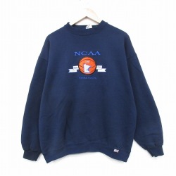 XL★古着 長袖 スウェット メンズ 90年代 90s NCAA 刺繍 クルーネック 紺 25nov13