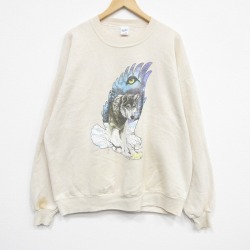 XL★古着 長袖 スウェット メンズ 90年代 90s オオカミ 大きいサイズ クルーネック USA製 薄ベージュ 25nov15