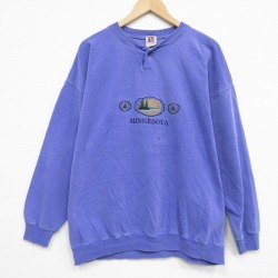 XL★古着 ART UNLIMITED 長袖 スウェット メンズ 90年代 90s ミネソタ 刺繍 大きいサイズ ヘンリーネック USA製 薄紫 25nov15
