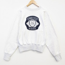 XL★古着 長袖 スウェット メンズ 90年代 90s コネチカットハスキーズ 刺繍 クルーネック 白 ストライプ 25nov17