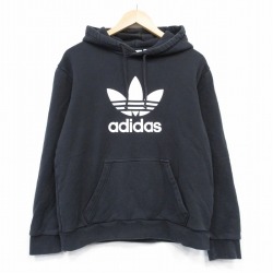 L★古着 アディダス adidas 長袖 スウェット パーカー メンズ ビッグロゴ リーフトレフォイル コットン 黒 25nov18
