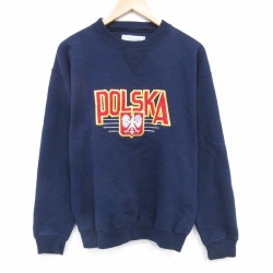 M★古着 長袖 スウェット メンズ 90年代 90s ポーランド 刺繍 クルーネック USA製 紺 25nov20