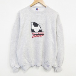 XL★古着 ラッセル 長袖 スウェット メンズ 90年代 90s サッカー 刺繍 クルーネック USA製 薄グレー 霜降り 25dec06