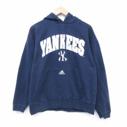 L★古着 アディダス adidas 長袖 スウェット パーカー メンズ MLB ニューヨークヤンキース 刺繍 紺 メジャーリーグ ベースボール 野球 25dec09