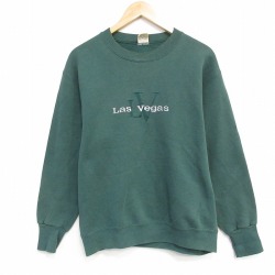 M★古着 長袖 スウェット メンズ 90年代 90s ラスベガス 刺繍クルーネック USA製 緑 25dec09