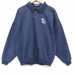 XL★古着 長袖 トップス メンズ 90年代 90s カンザスジェイホークス 大きいサイズ コットン 襟付き USA製 濃紺 25dec11