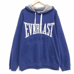 XL★古着 EVERLAST 長袖 スウェット パーカー メンズ ビッグロゴ 刺繍 大きいサイズ 紺 25dec11