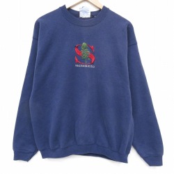 L★古着 長袖 スウェット メンズ 90年代 90s S 刺繍 クルーネック USA製 紺 25dec13