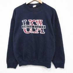 L★古着 長袖 スウェット メンズ 90年代 90s USAロゴ 刺繍 クルーネック USA製 紺 25dec13