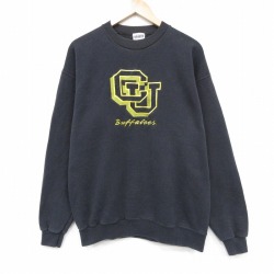 L★古着 長袖 スウェット メンズ 90年代 90s CU 刺繍 クルーネック USA製 黒 25dec13