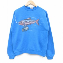 M★古着 長袖 スウェット メンズ 90年代 90s 魚 クルーネック USA製 水色 25dec15