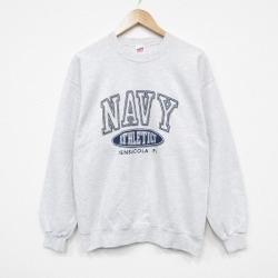 L★古着 長袖 スウェット メンズ 90年代 90s ミリタリー ネイビー NAVY クルーネック USA製 薄グレー 霜降り 25dec18