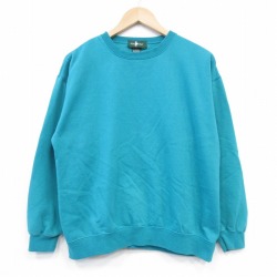 L★古着 長袖 スウェット メンズ 90年代 90s 無地 クルーネック 青緑 25dec16
