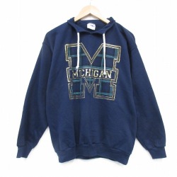 L★古着 長袖 スウェット メンズ 90年代 90s ミシガン 襟付き USA製 紺 25dec16