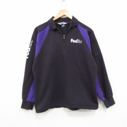 L★古着 長袖 ハーフジップ スウェット メンズ FedEx ラグラン 襟付き 黒他 25dec19