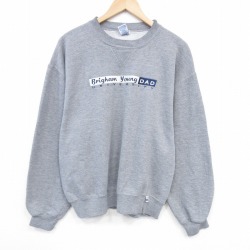 XL★古着 ラッセル 長袖 スウェット メンズ 00年代 00s Brigham 刺繍 クルーネック グレー 霜降り 25dec19