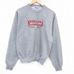 M★古着 長袖 スウェット メンズ 90年代 90s ネブラスカ 刺繍 クルーネック USA製 グレー 霜降り 25dec20