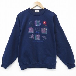 XL★古着 NORTHERN REFRECTIONS 長袖 スウェット メンズ 00年代 00s 花 ハート クルーネック 紺 25dec20