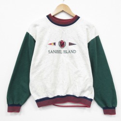 L★古着 長袖 スウェット メンズ 90年代 90s SANIBEL 刺繍 クルーネック USA製 白 霜降り【spe】 25dec20