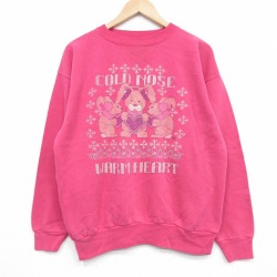 L★古着 長袖 スウェット メンズ 80年代 80s ウサギ クルーネック USA製 薄ピンク 25dec24