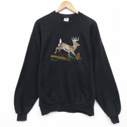 L★古着 ジャージーズ 長袖 スウェット メンズ 90年代 90s シカ 刺繍 クルーネック 黒 25dec27