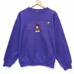 L★古着 長袖 スウェット メンズ 90年代 90s ディズニー ミッキー 刺繍 クルーネック USA製 紫【spe】 25dec27